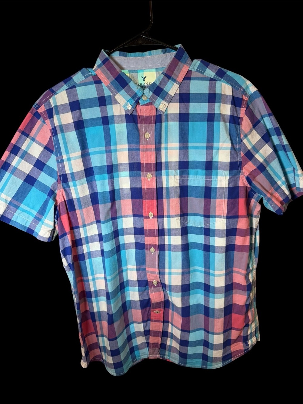American Eagle Outfitters Blue & Pink Plaid Short-Sleeve Button-Down Shirt